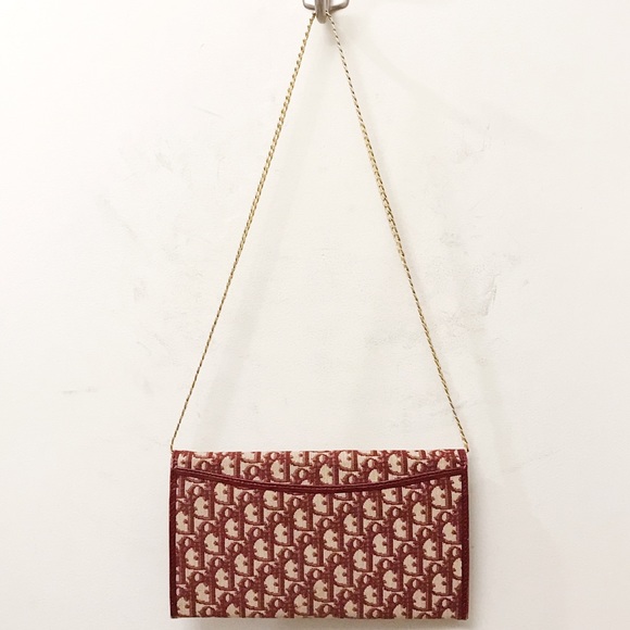 Christian Dior Red Monogram Logo Oblique Canvas Leather Clutch Shoulder Bag - Picture 3 of 10